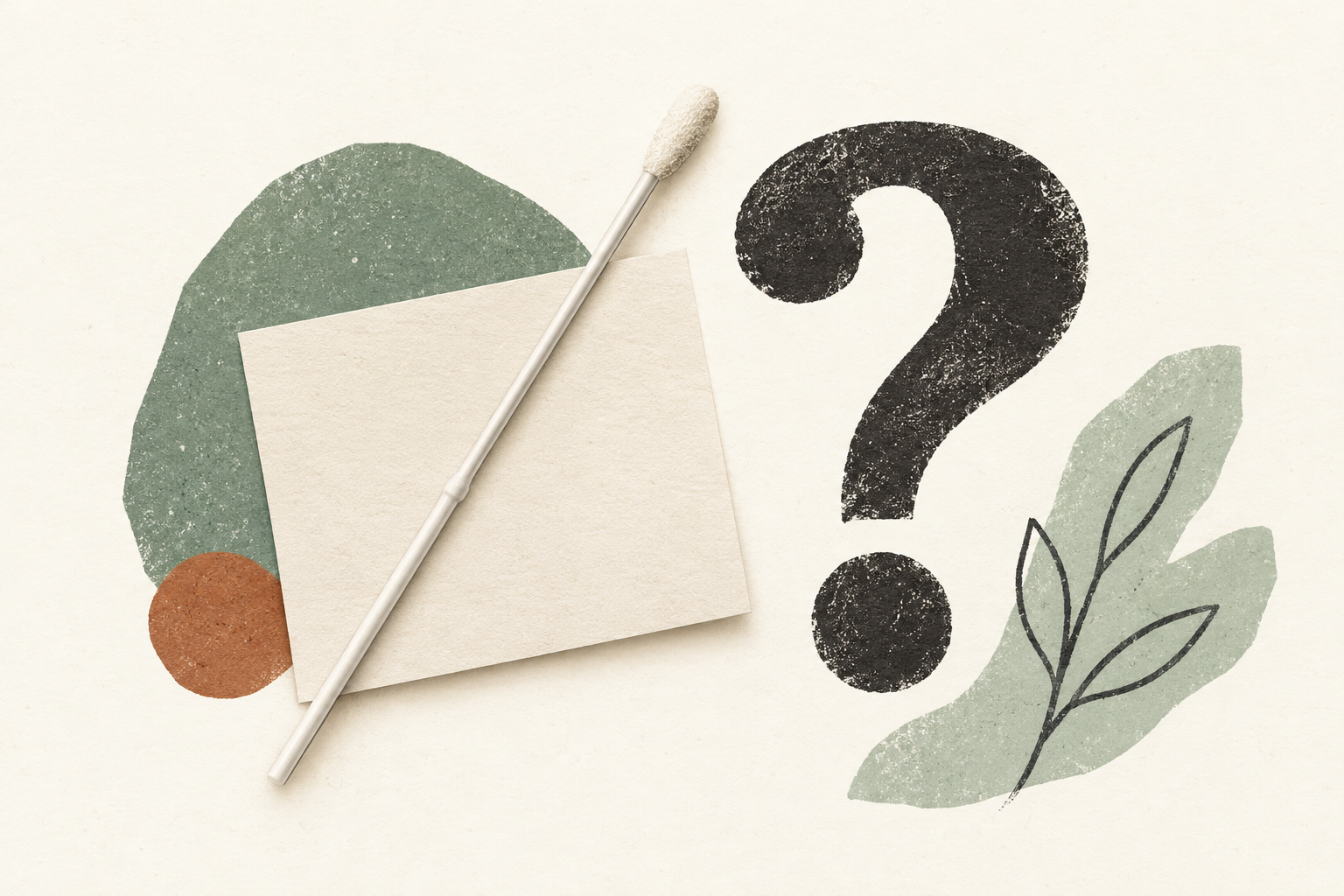Editorial illustration of a throat swab beside a question mark, with cream paper and sage accents.